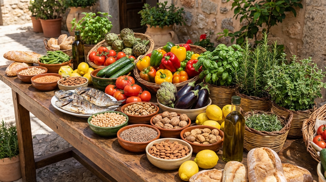 Ingredientes frescos de la dieta mediterránea